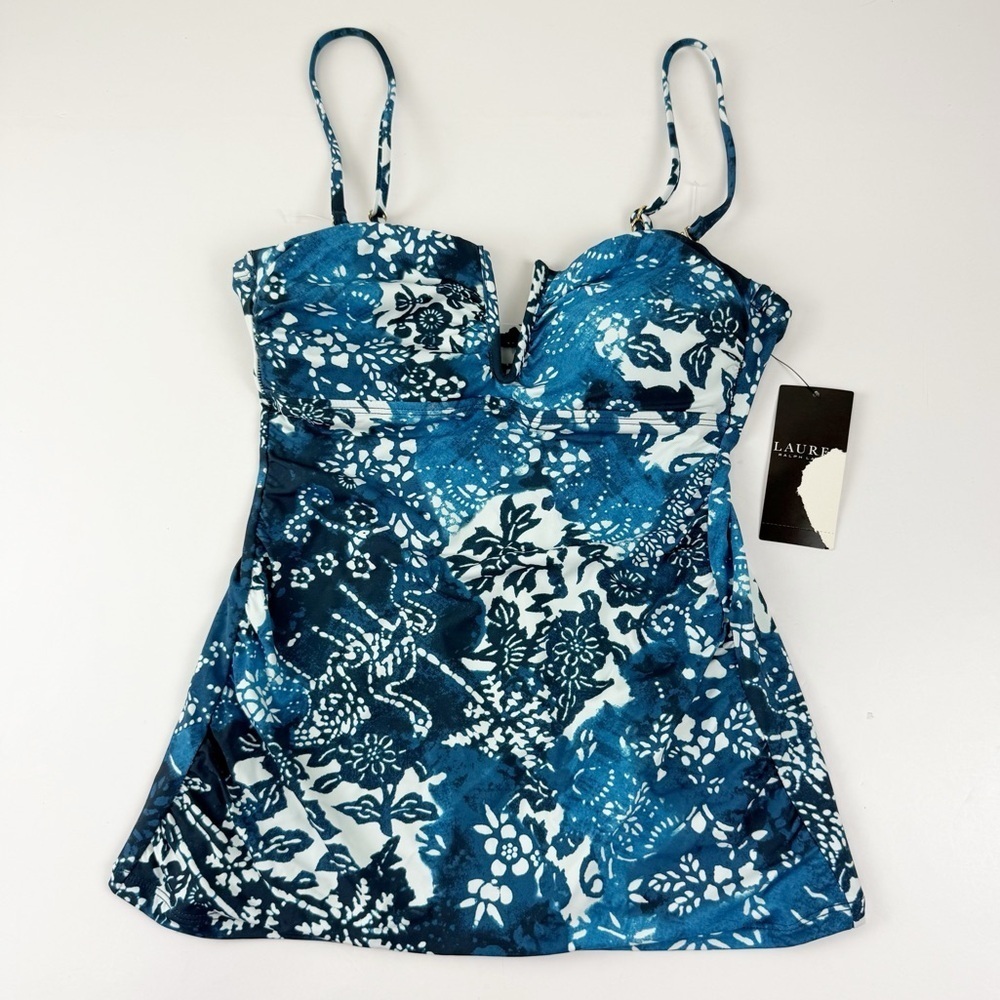 Lauren Ralph Lauren Tankini Top Womens Size US 4 Blue White Floral NWT